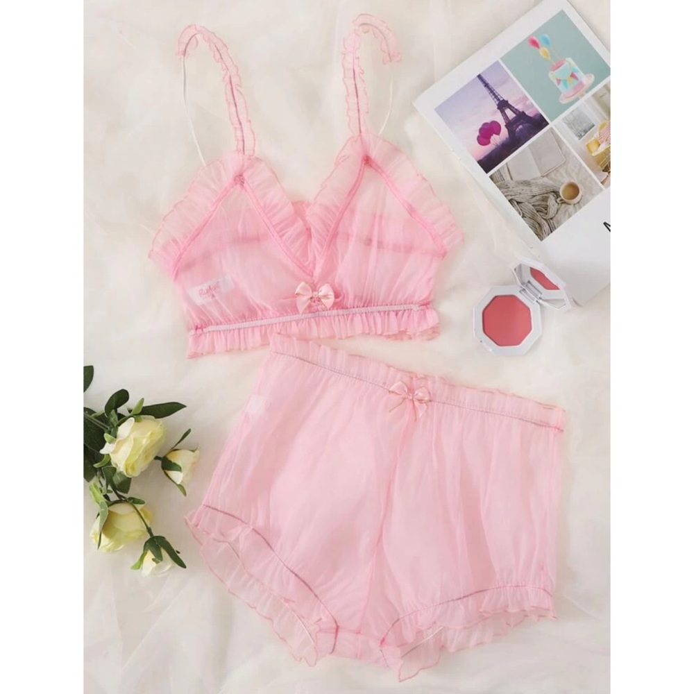 Add on for $2! ROMWE Lace Pink Lingerie Set